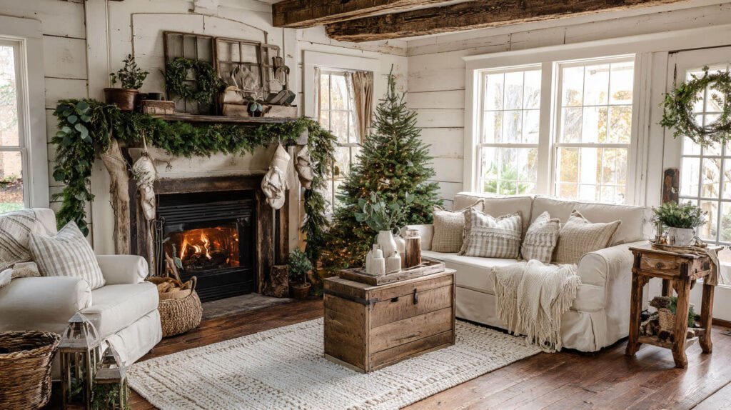 Christmas Decorations Living Room Ideas - Rustic Farmhouse Charm with Burlap and Greenery