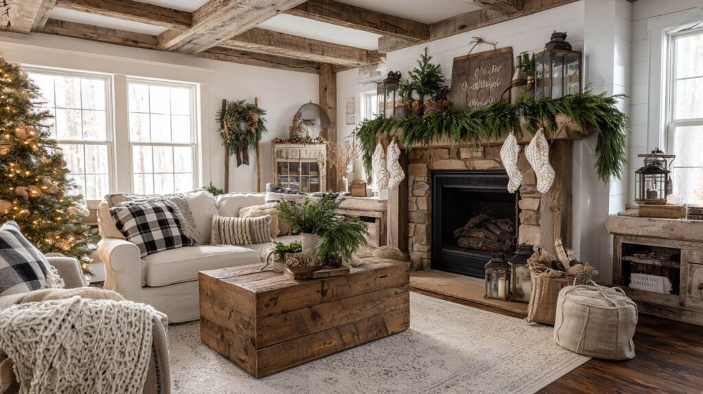 Christmas Decorations Living Room Ideas - Rustic Farmhouse Charm with Burlap and Greenery