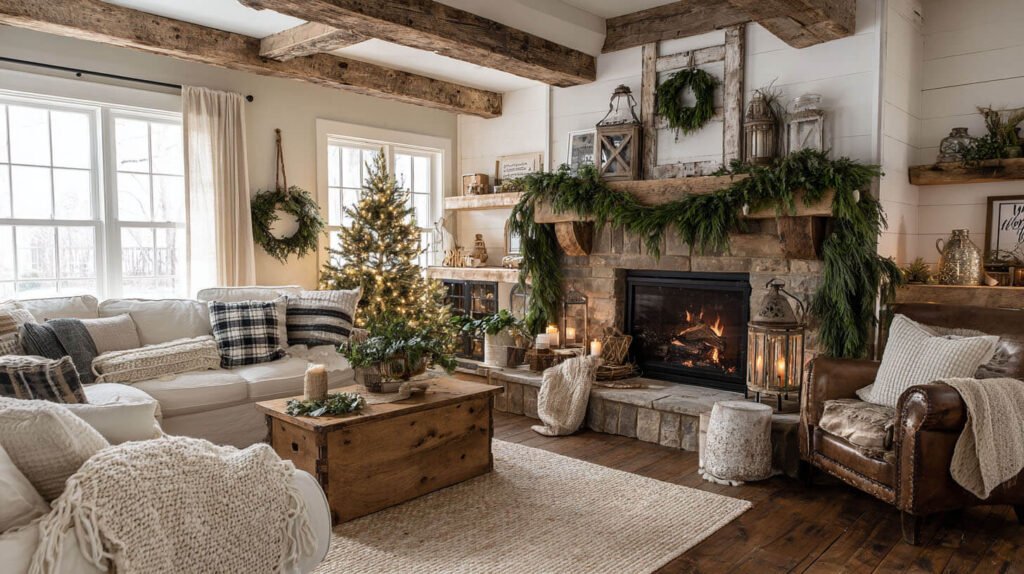 Christmas Decorations Living Room Ideas - Rustic Farmhouse Charm with Burlap and Greenery