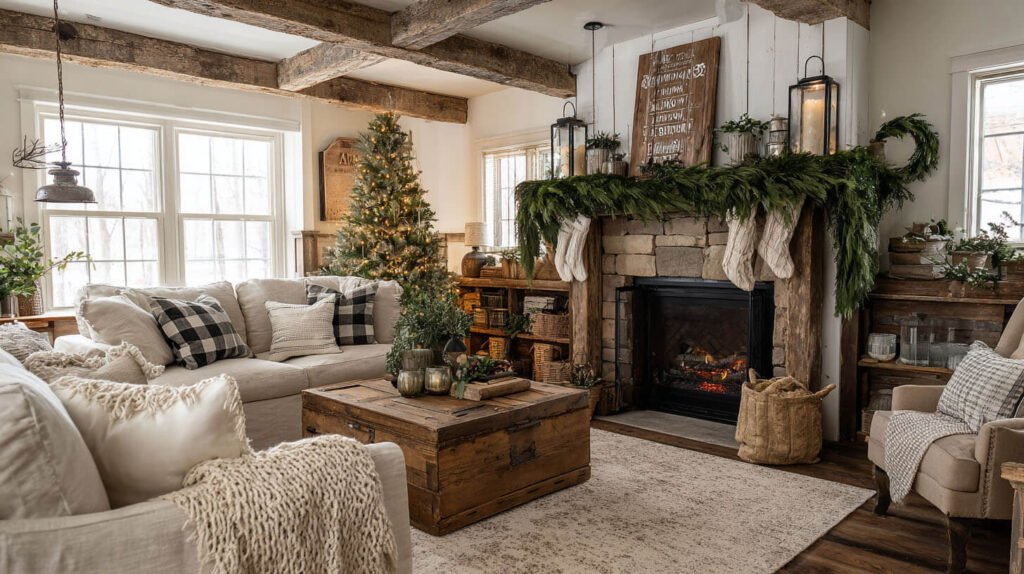 Christmas Decorations Living Room Ideas - Rustic Farmhouse Charm with Burlap and Greenery