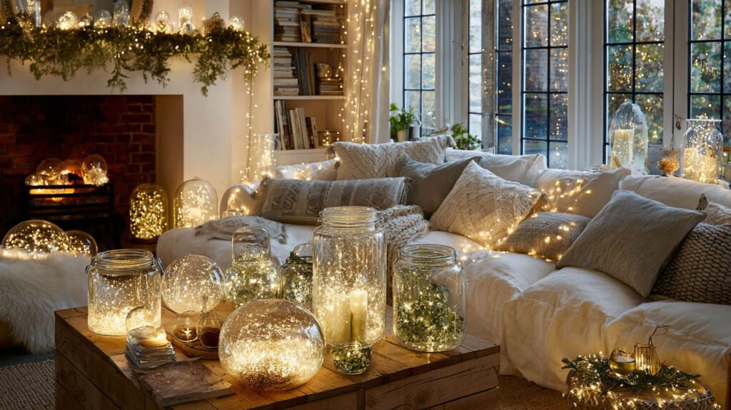 Christmas Decorations Spacious Living Room Ideas - A Magical Glow with Fairy Lights and LED Glass Balls