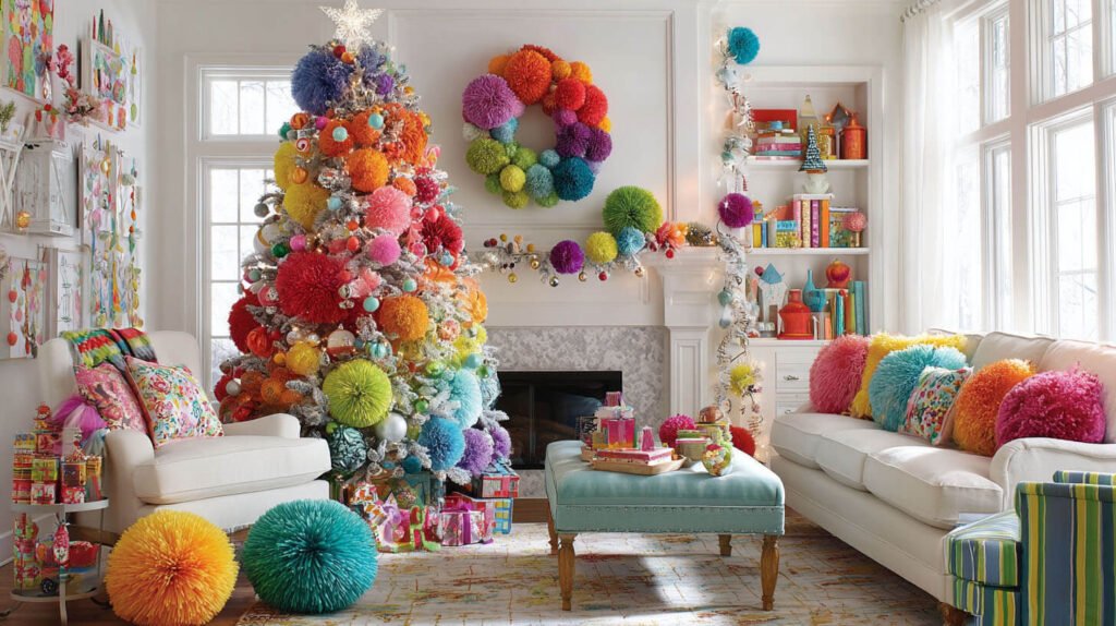 Christmas Decorations Spacious Living Room Ideas - Bright and Cheerful with a Rainbow of Colors