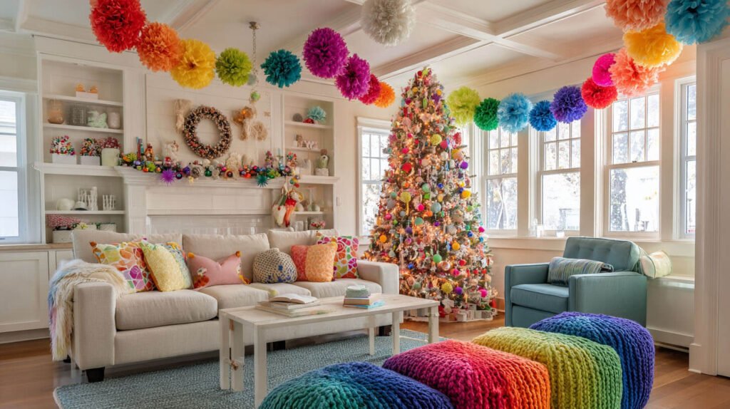 Christmas Decorations Spacious Living Room Ideas - Bright and Cheerful with a Rainbow of Colors