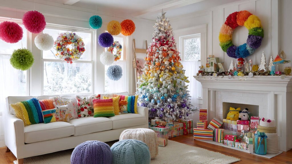Christmas Decorations Spacious Living Room Ideas - Bright and Cheerful with a Rainbow of Colors