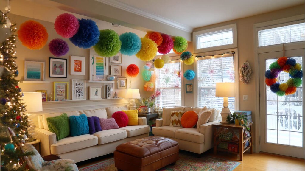 Christmas Decorations Spacious Living Room Ideas - Bright and Cheerful with a Rainbow of Colors