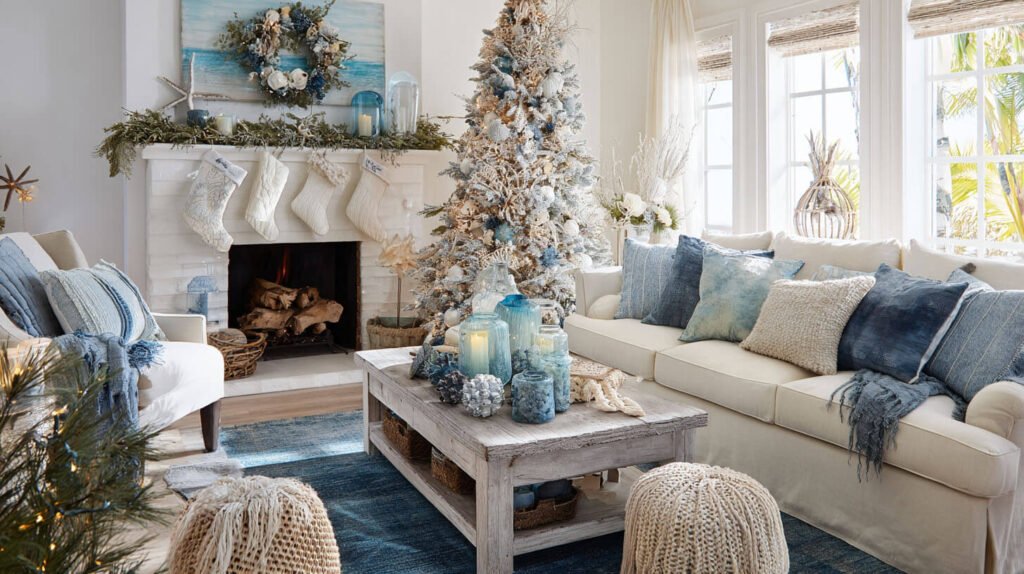 Christmas Decorations Spacious Living Room Ideas - Coastal Christmas with Blues, Whites, and Driftwood