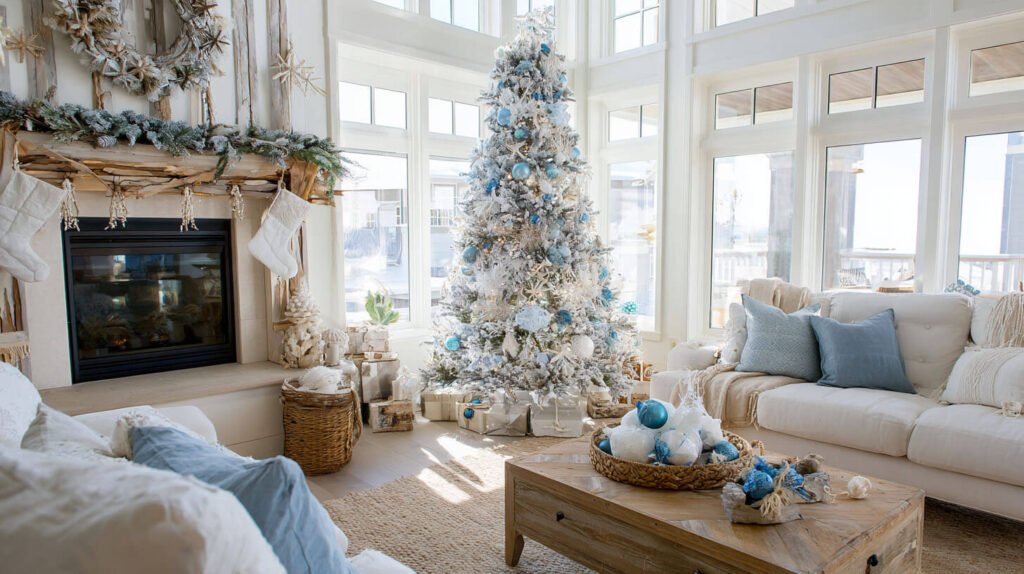 Christmas Decorations Spacious Living Room Ideas - Coastal Christmas with Blues, Whites, and Driftwood