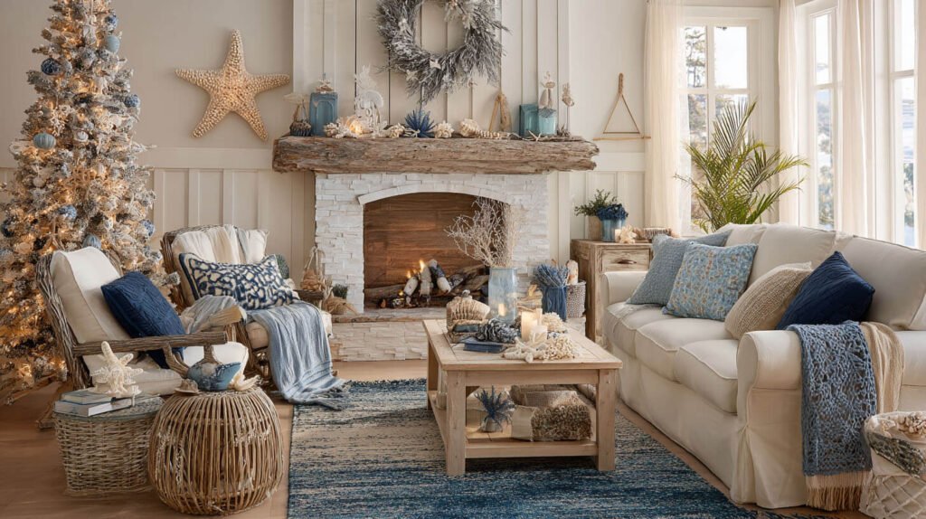 Christmas Decorations Spacious Living Room Ideas - Coastal Christmas with Blues, Whites, and Driftwood