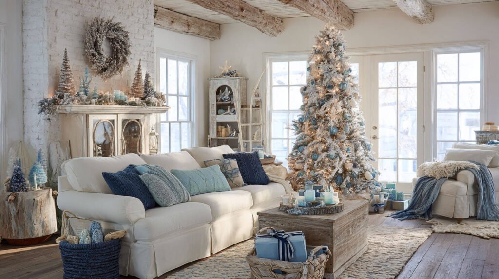 Christmas Decorations Spacious Living Room Ideas - Coastal Christmas with Blues, Whites, and Driftwood