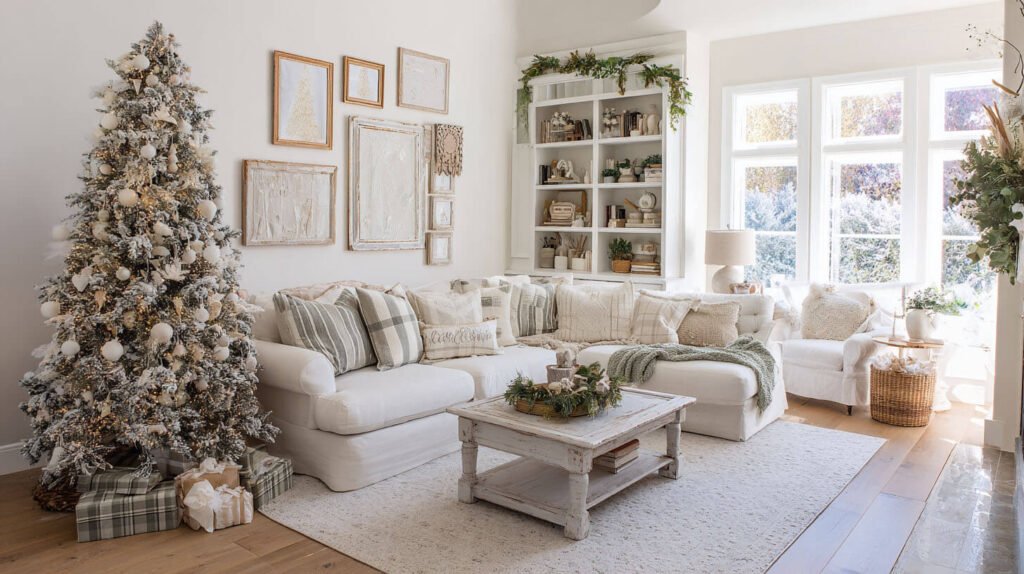 Christmas Decorations Spacious Living Room Ideas - DIY Charm with Handmade Ornaments and a Gallery Wall