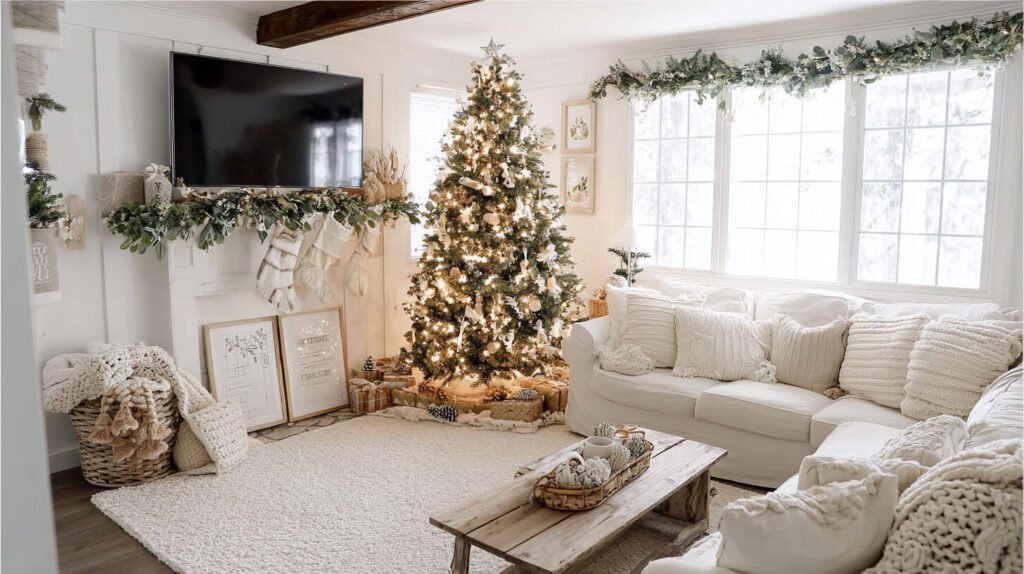 Christmas Decorations Spacious Living Room Ideas - DIY Charm with Handmade Ornaments and a Gallery Wall