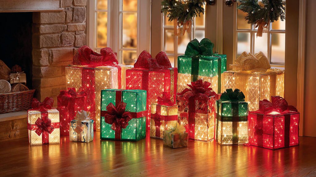 Christmas Decorations Spacious Living Room Ideas - Festive Welcome with Glowing LED Gift Box Displays