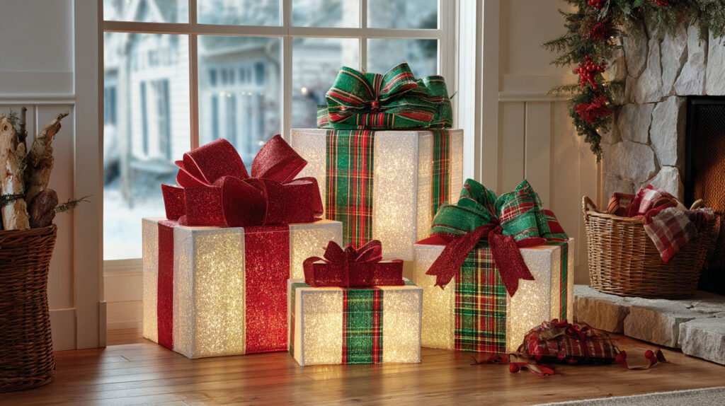 Christmas Decorations Spacious Living Room Ideas - Festive Welcome with Glowing LED Gift Box Displays