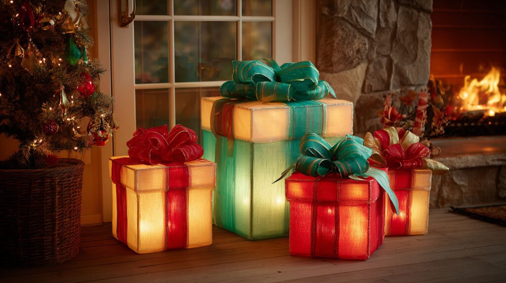 Christmas Decorations Spacious Living Room Ideas - Festive Welcome with Glowing LED Gift Box Displays