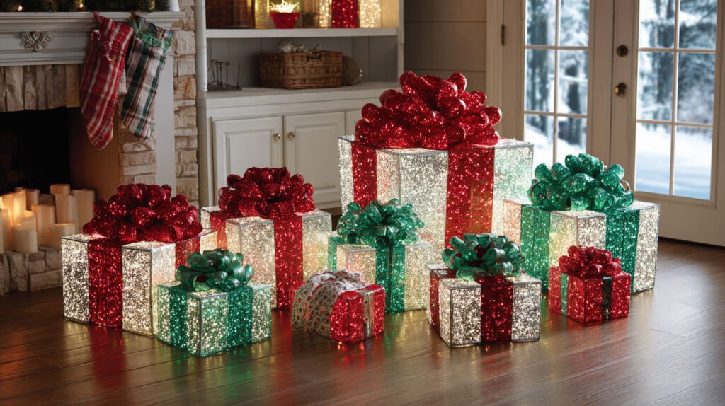 Christmas Decorations Spacious Living Room Ideas - Festive Welcome with Glowing LED Gift Box Displays