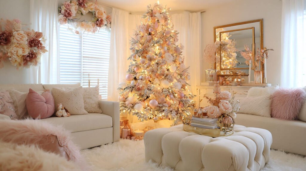 Christmas Decorations Spacious Living Room Ideas - Soft and Romantic Holiday with Blush Pink and Gold