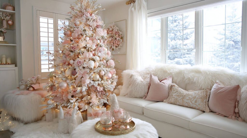 Christmas Decorations Spacious Living Room Ideas - Soft and Romantic Holiday with Blush Pink and Gold