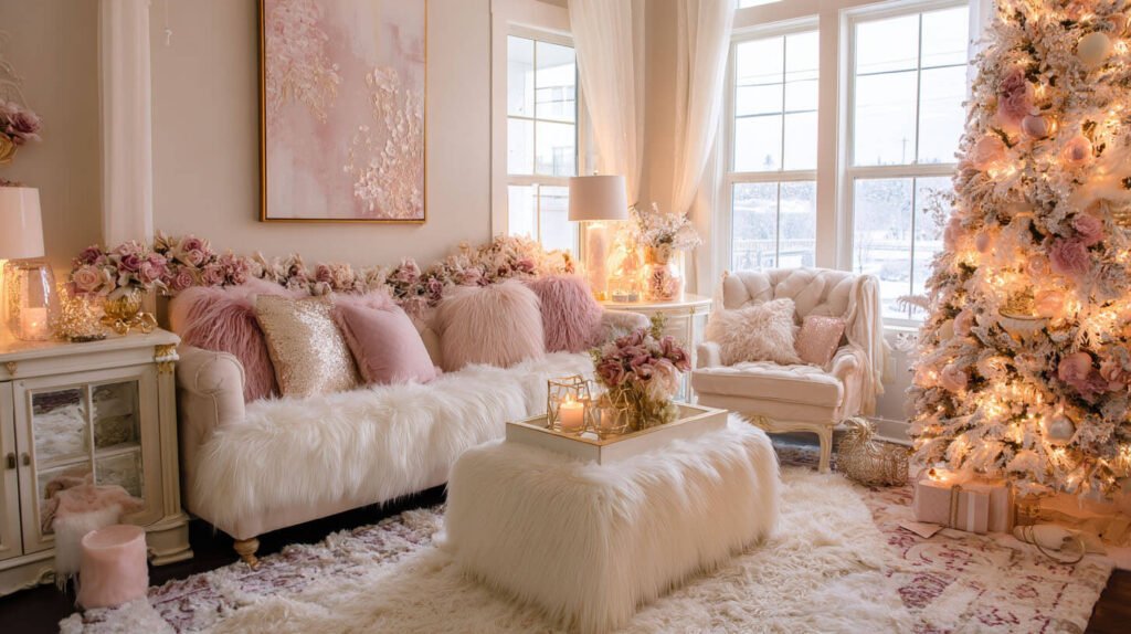 Christmas Decorations Spacious Living Room Ideas - Soft and Romantic Holiday with Blush Pink and Gold