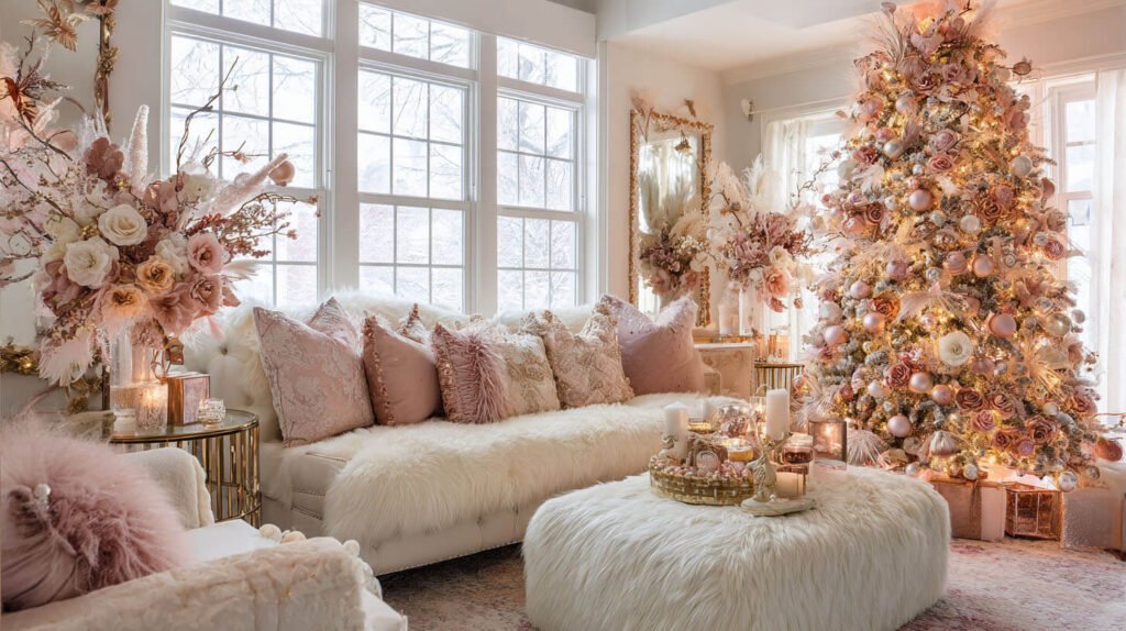 Christmas Decorations Spacious Living Room Ideas - Soft and Romantic Holiday with Blush Pink and Gold