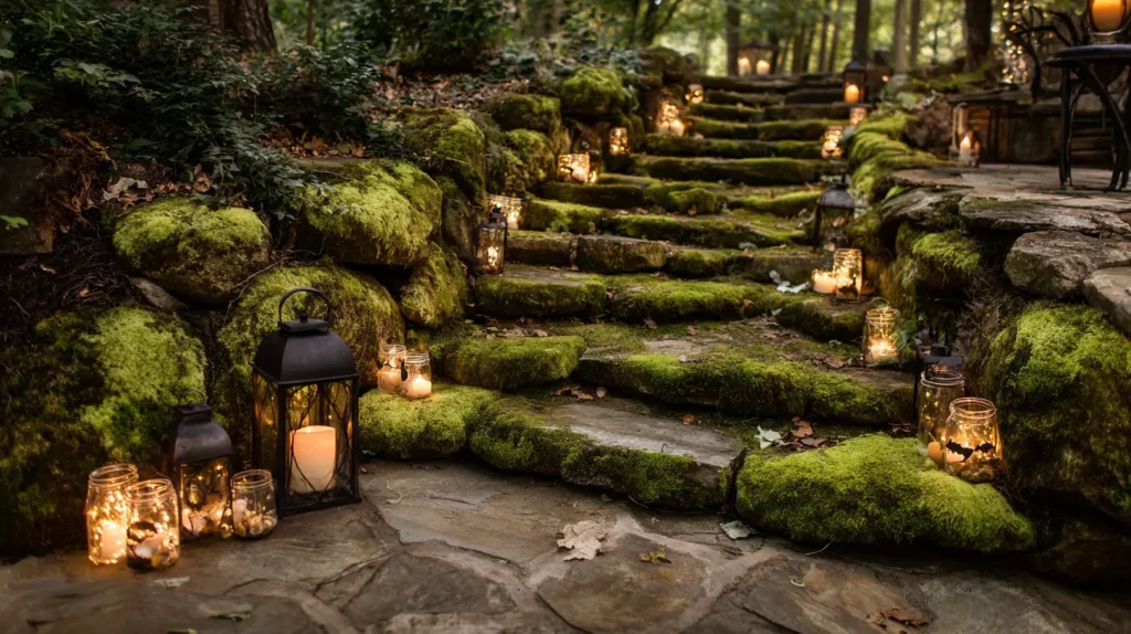 Enchanted Forest Path Moss-Covered Stones & Lantern Trails