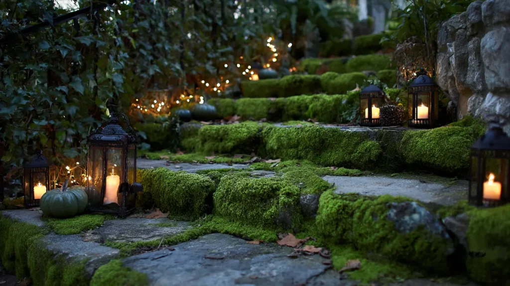 Enchanted Forest Path Moss-Covered Stones & Lantern Trails