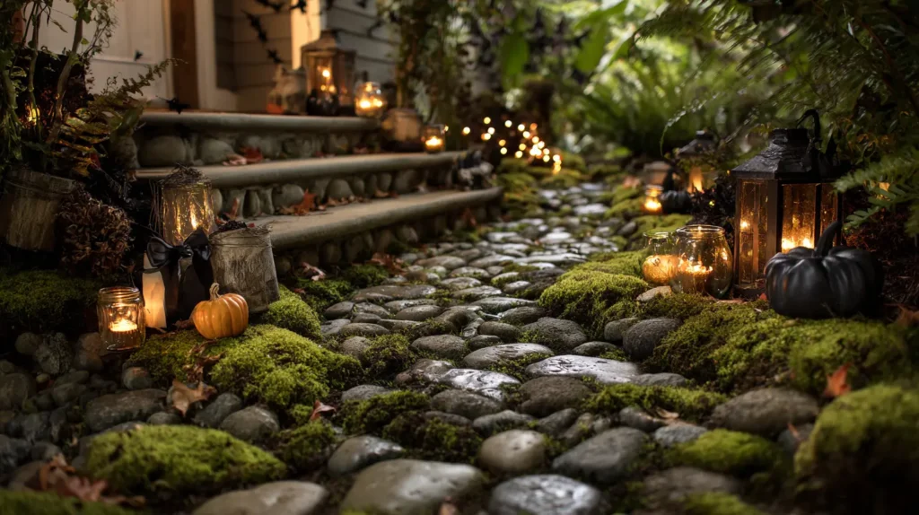 Enchanted Forest Path Moss-Covered Stones & Lantern Trails