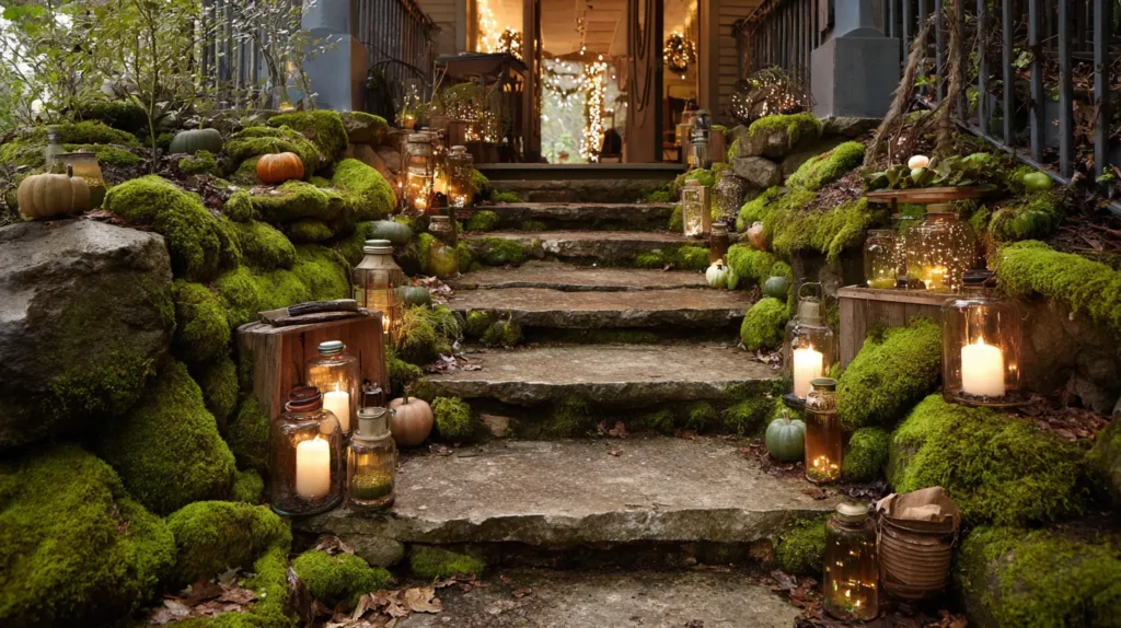 Enchanted Forest Path Moss-Covered Stones & Lantern Trails