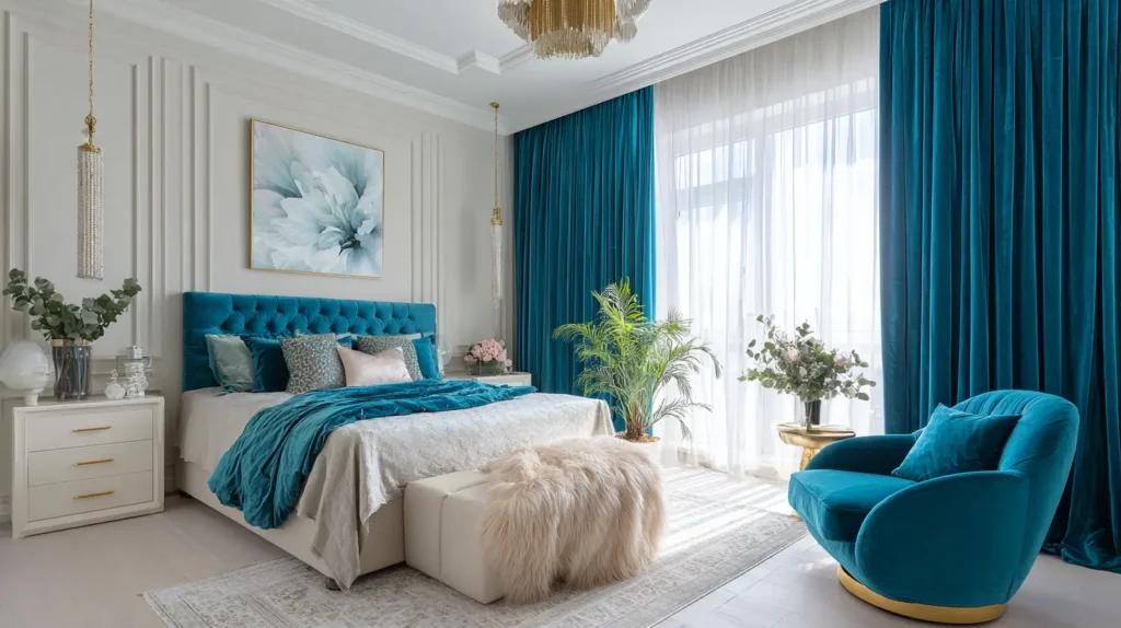 Glamorous Getaway with Teal Velvet Drapes