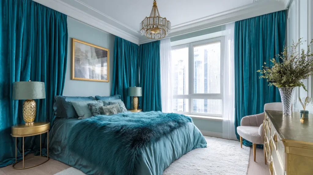 Glamorous Getaway with Teal Velvet Drapes