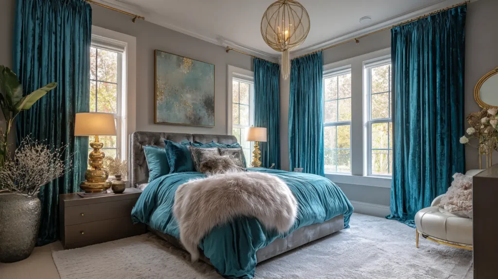 Glamorous Getaway with Teal Velvet Drapes