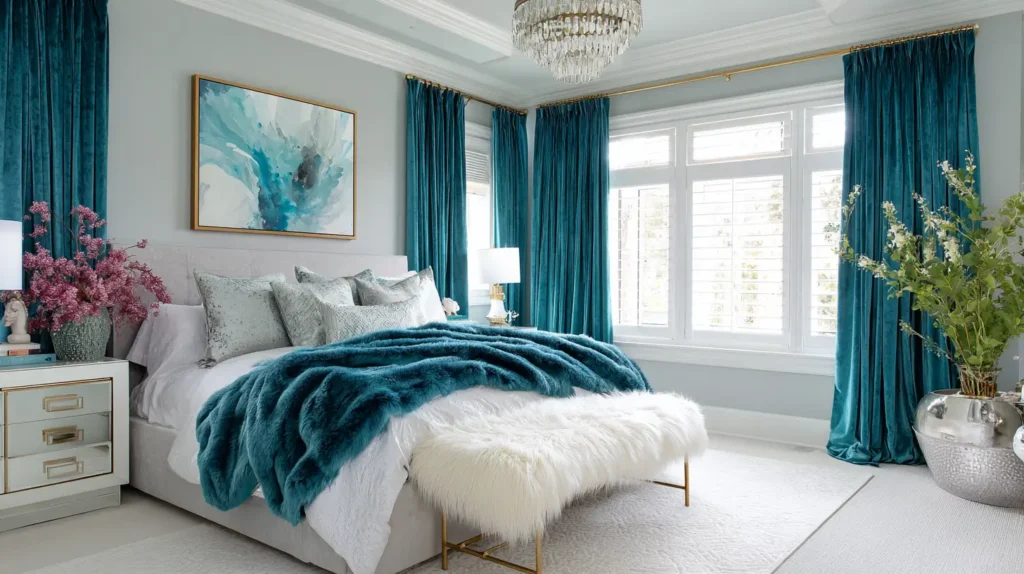 Glamorous Getaway with Teal Velvet Drapes