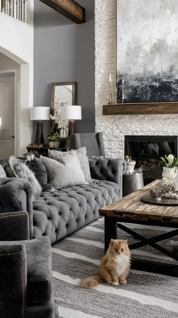 Transitional Grey Living Room with Tufted Sofa