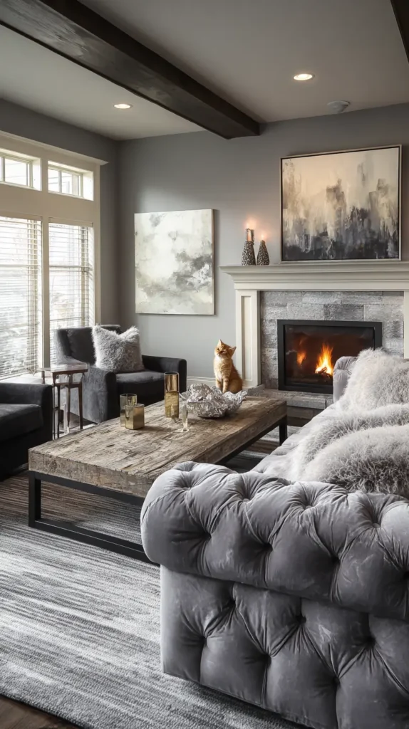Transitional Grey Living Room with Tufted Sofa
