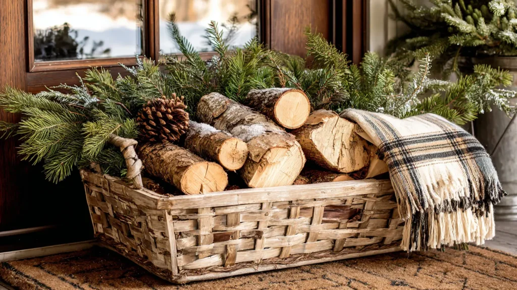 Basket of Firewood and Fresh Greenery Display