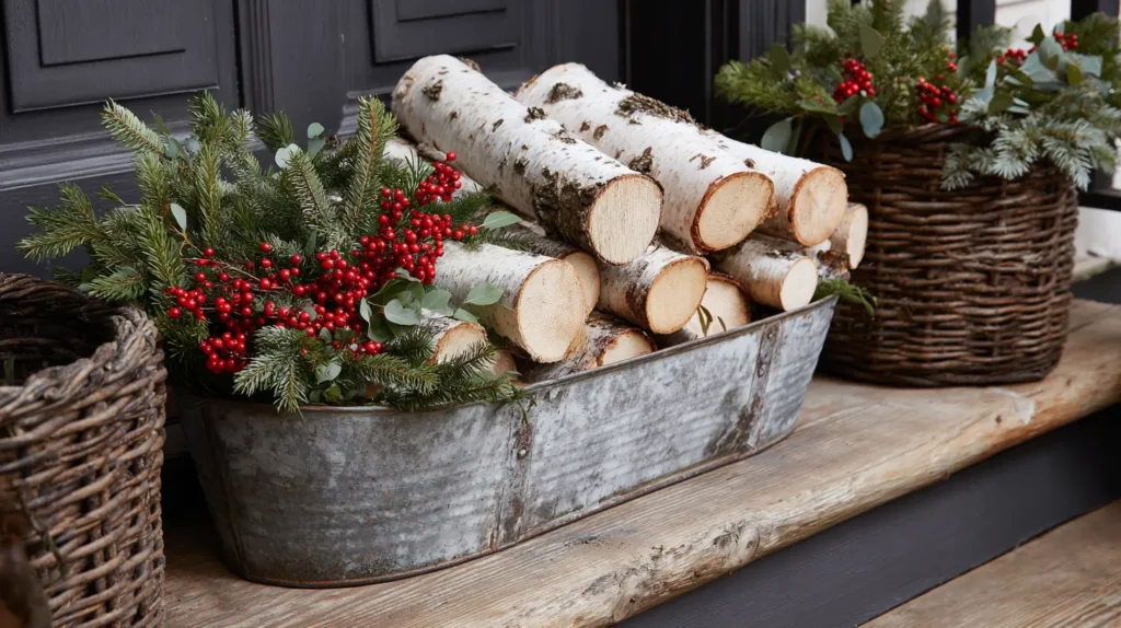 Basket of Firewood and Fresh Greenery Display