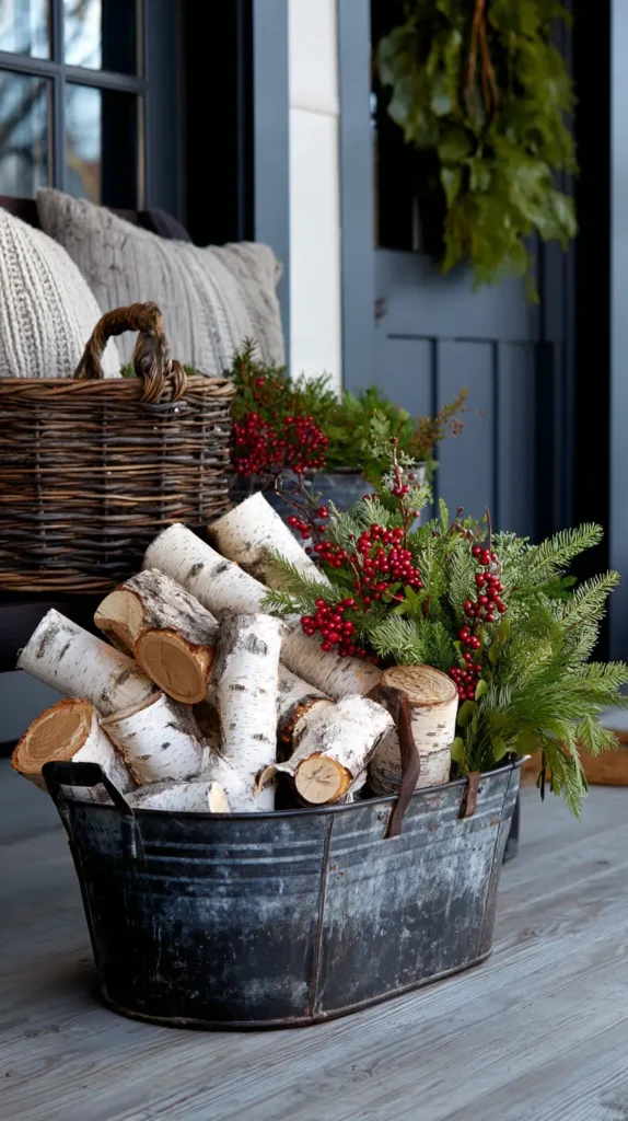 Basket of Firewood and Fresh Greenery Display