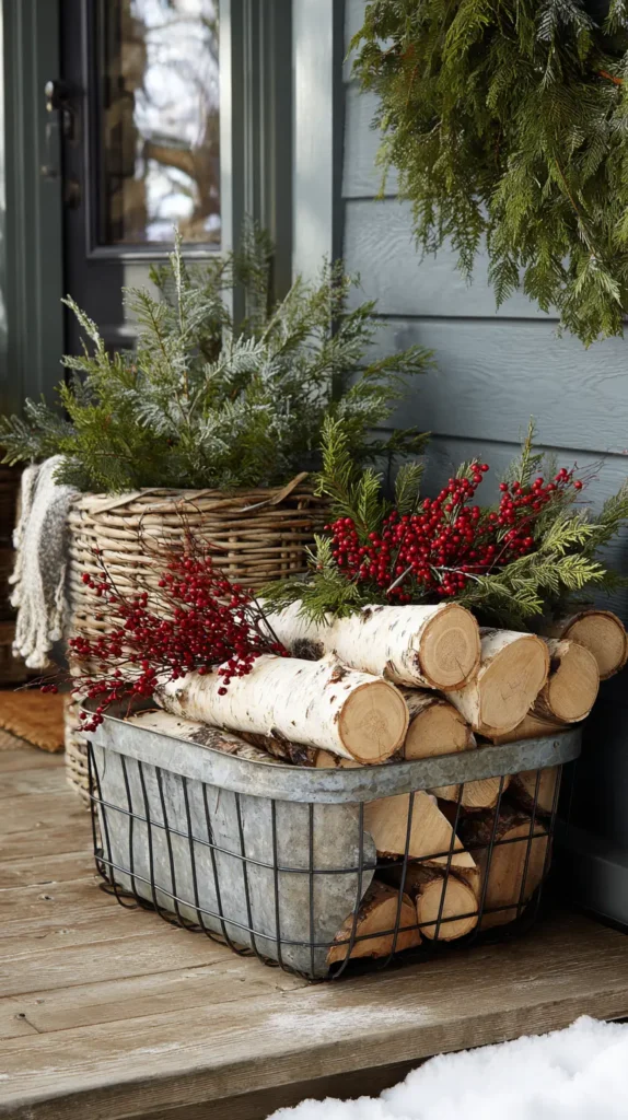Basket of Firewood and Fresh Greenery Display