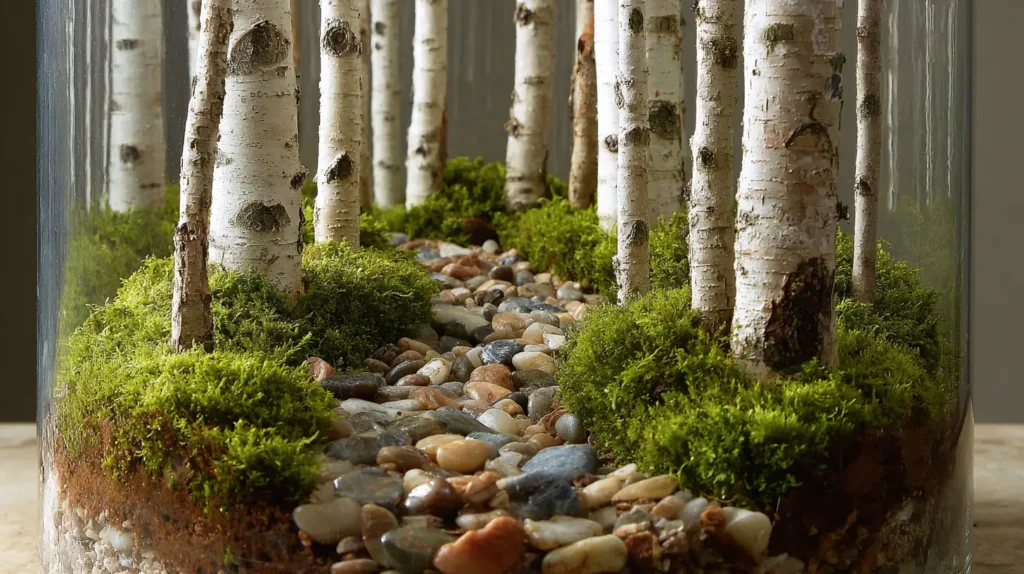 Birch Tree Grove Terrarium with Pebble Stream Bed