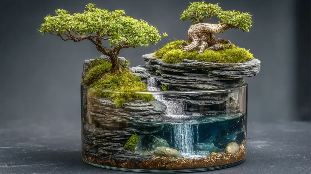 Bonsai Tree on a Cliff with Waterfall