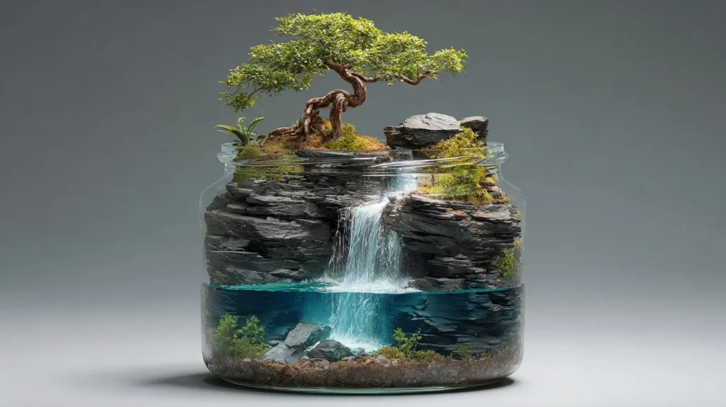 Bonsai Tree on a Cliff with Waterfall