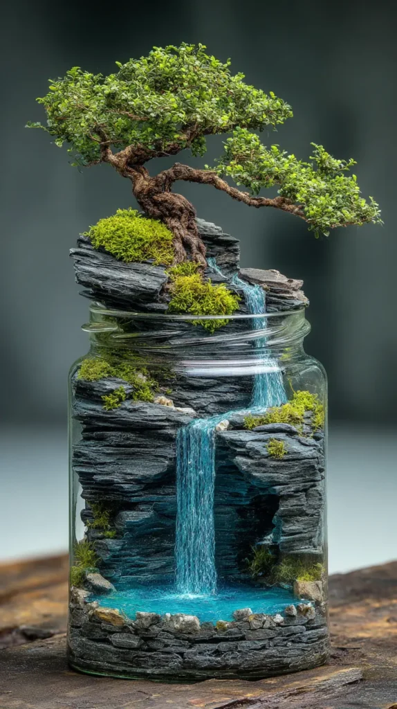 Bonsai Tree on a Cliff with Waterfall