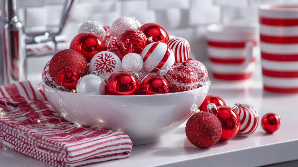 Christmas Ornament Bowl, Red and White Kitchen Theme