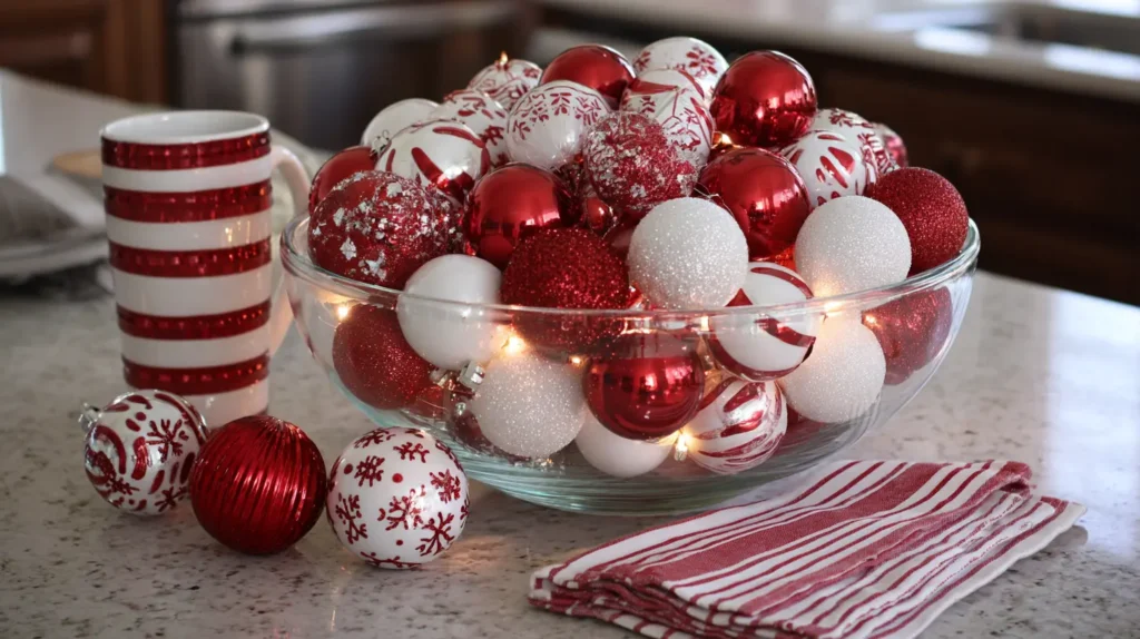 Christmas Ornament Bowl, Red and White Kitchen Theme