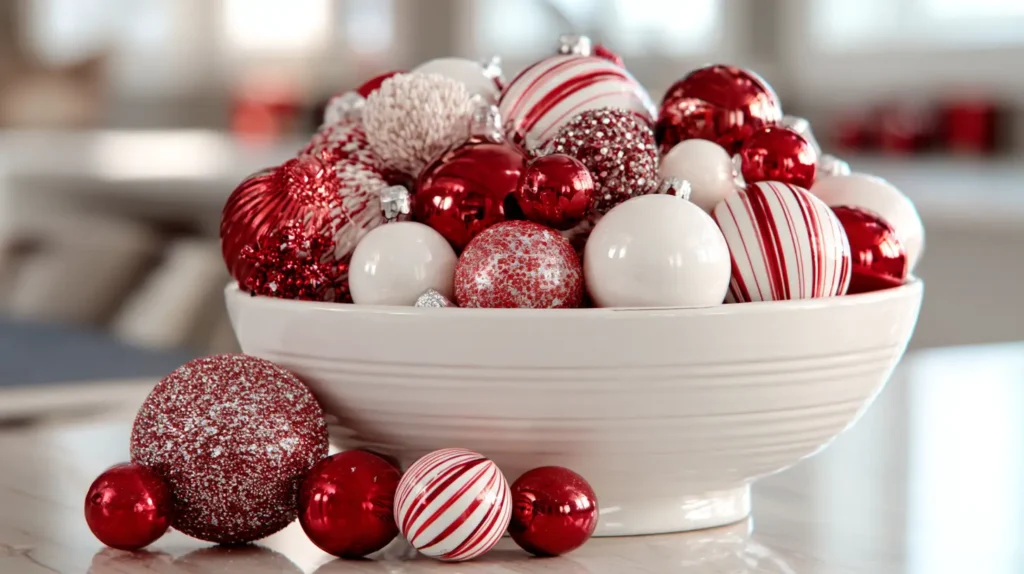 Christmas Ornament Bowl, Red and White Kitchen Theme