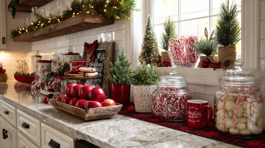 Classic Red and Green Kitchen Countertop Christmas Decor Ideas