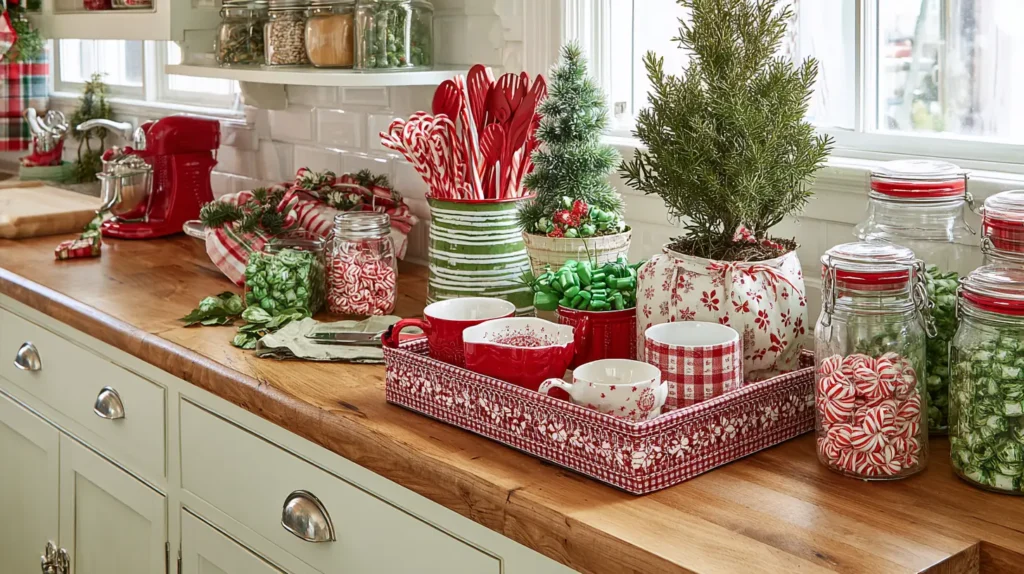 Classic Red and Green Kitchen Countertop Christmas Decor Ideas