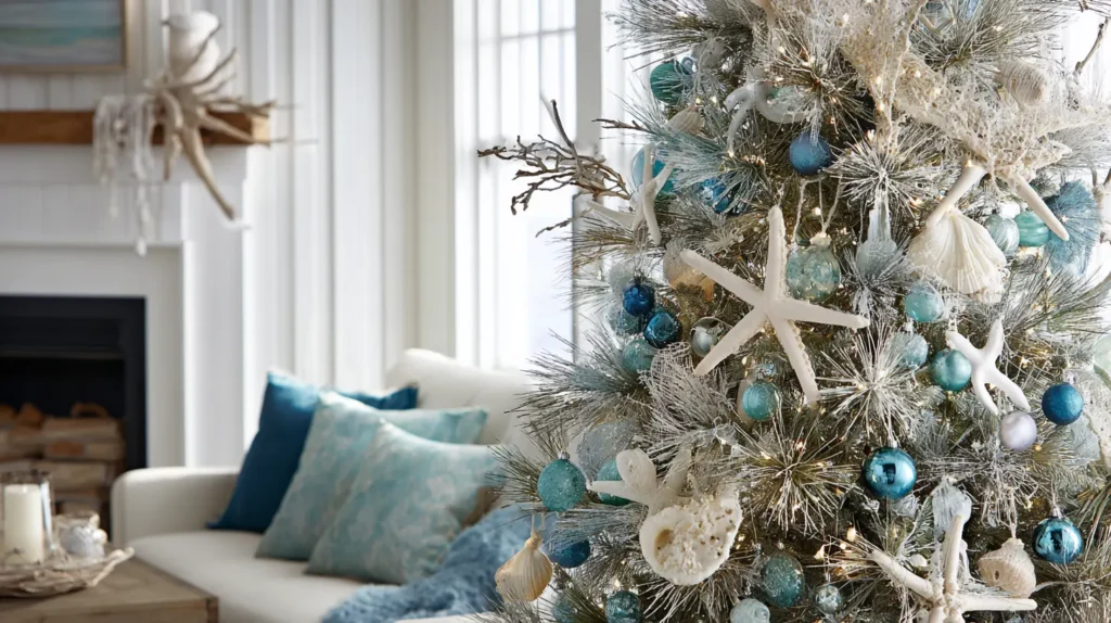 Coastal and Beachy Tree with Blue, White, and Nautical Accents