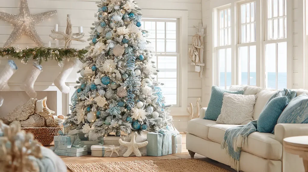 Coastal and Beachy Tree with Blue, White, and Nautical Accents