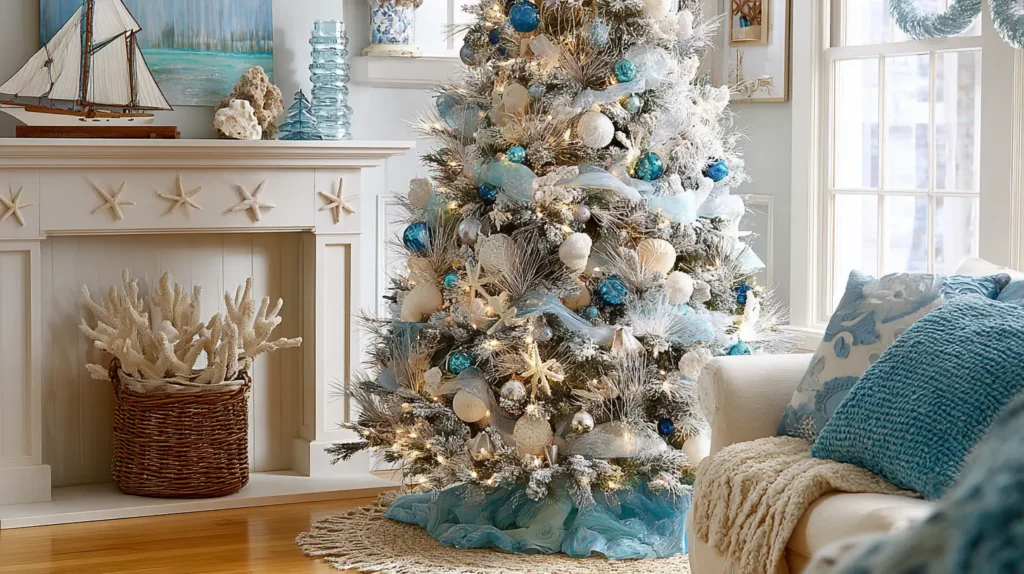 Coastal and Beachy Tree with Blue, White, and Nautical Accents