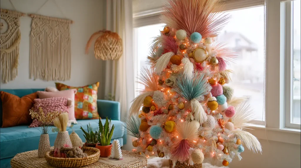 Colorful Boho Christmas Tree with Macrame and Pampas